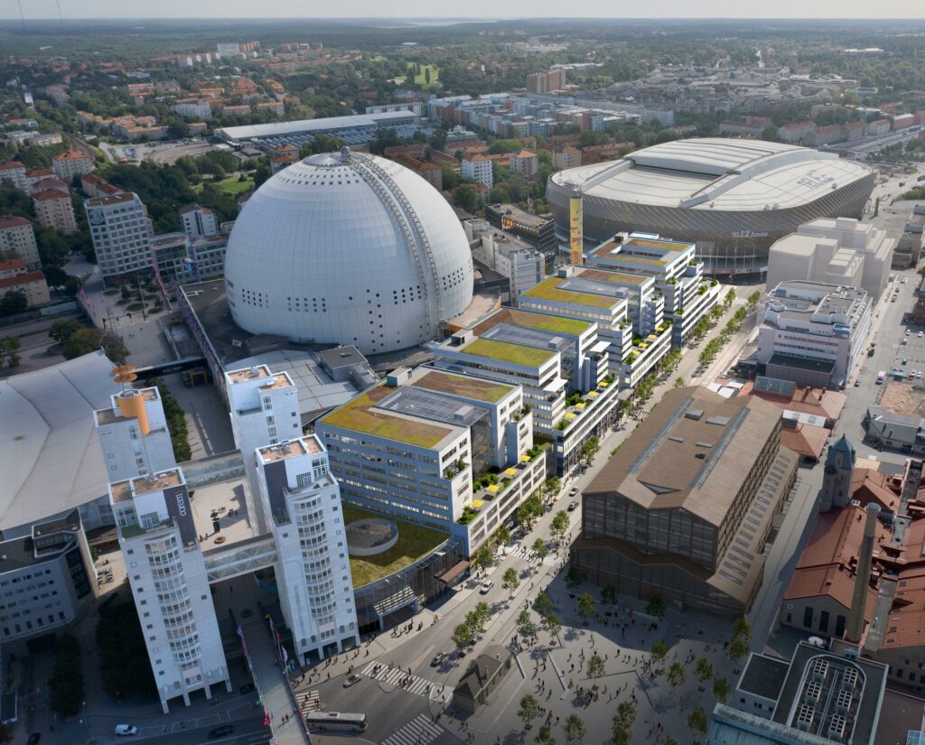 Visionsbild av Söderstadens nav, nya Globen Shopping länkar ihop Arenaområdet och Slakthusområdet.