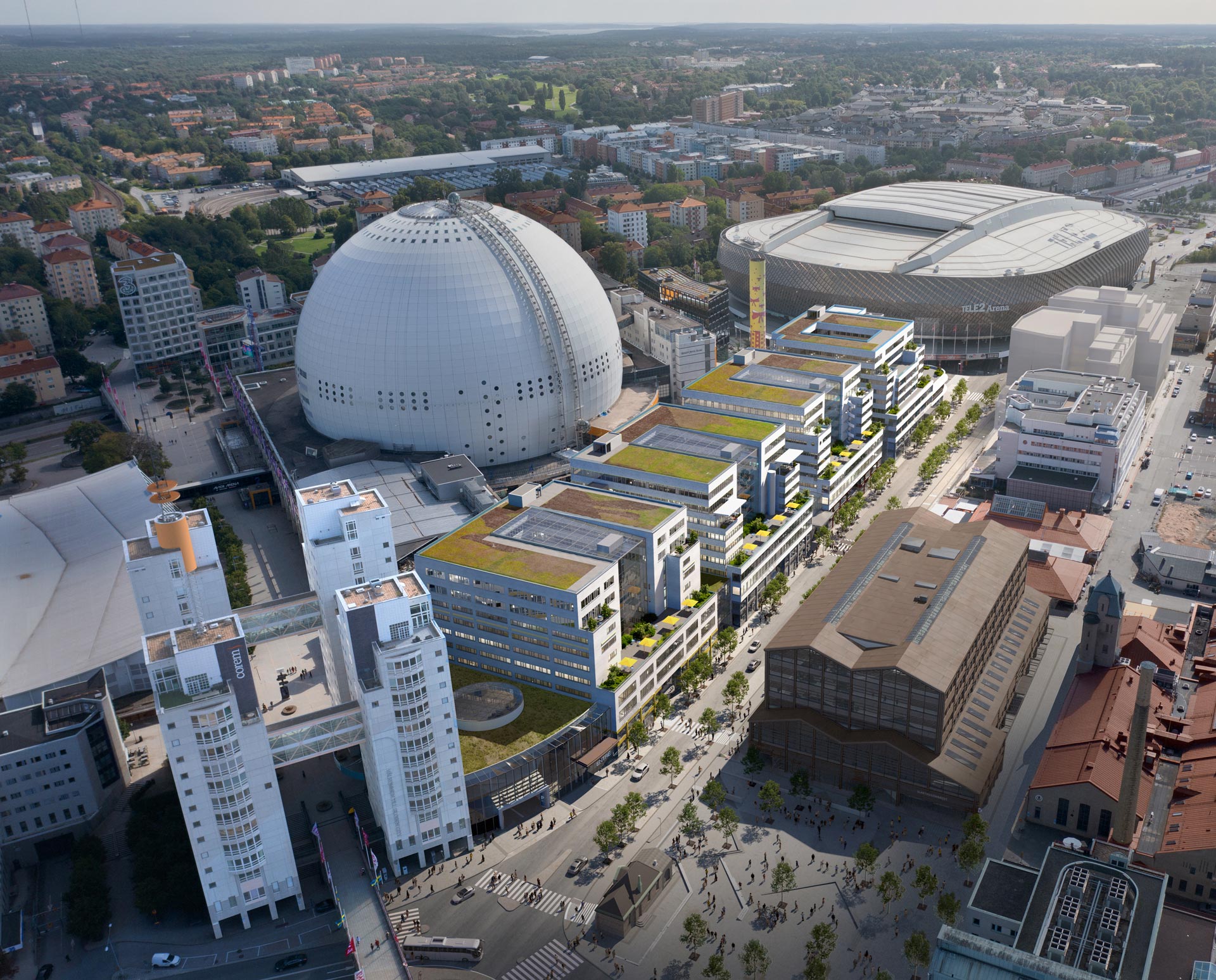 Visionsbild av Söderstadens nav, nya Globen Shopping länkar ihop Arenaområdet och Slakthusområdet.